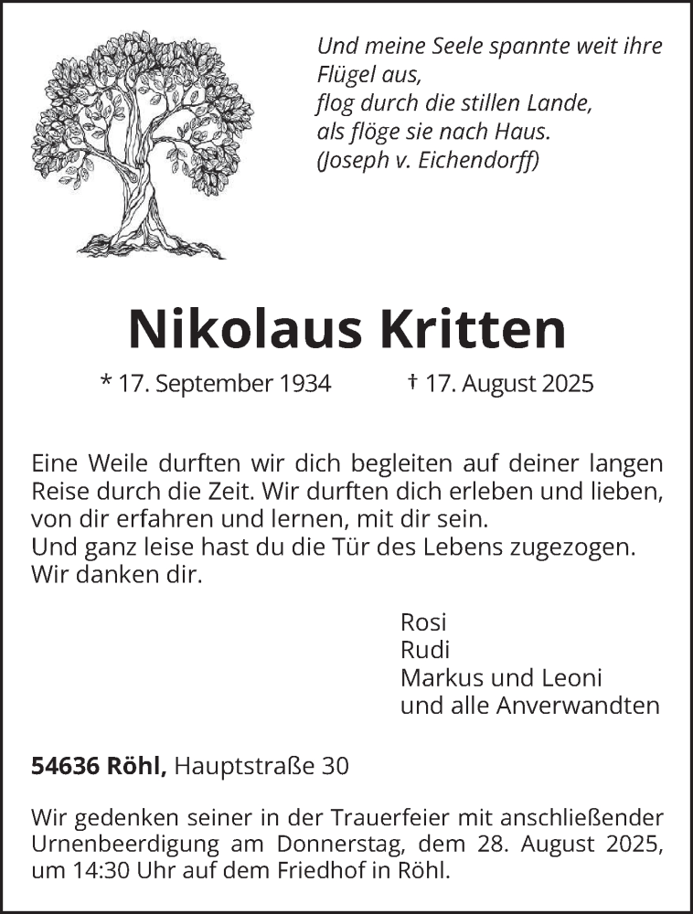  Traueranzeige für Nikolaus Kritten vom 23.08.2025 aus trierischer_volksfreund