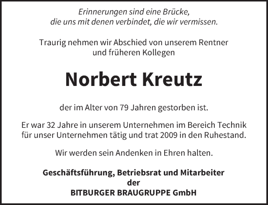 Traueranzeige von Norbert Kreutz von trierischer_volksfreund