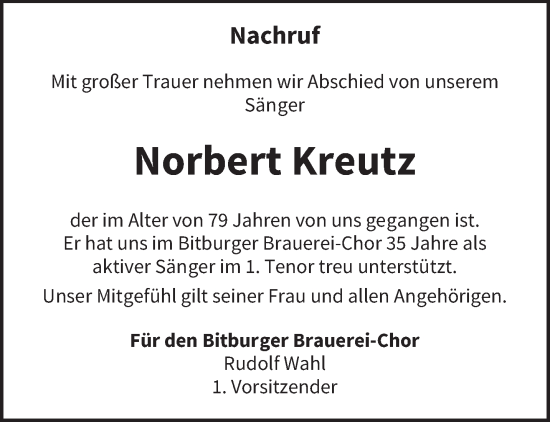 Traueranzeige von Norbert Kreutz von trierischer_volksfreund