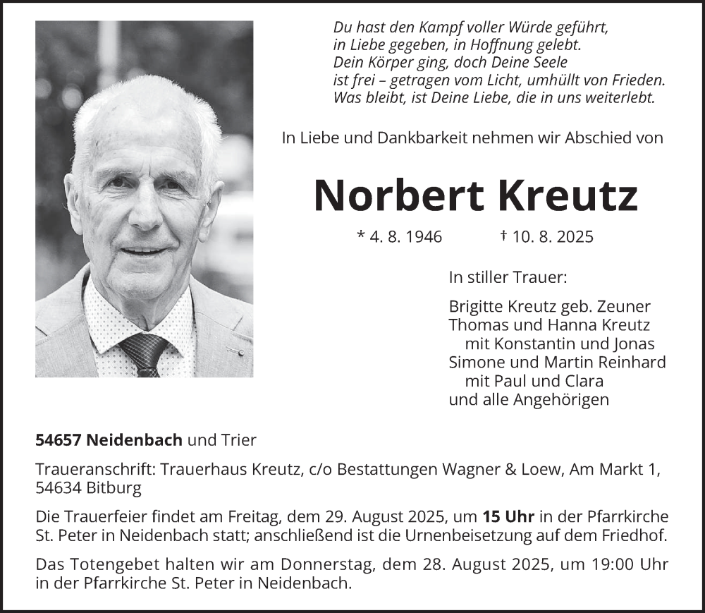  Traueranzeige für Norbert Kreutz vom 16.08.2025 aus trierischer_volksfreund