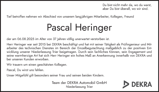 Traueranzeige von Pascal Heringer von trierischer_volksfreund