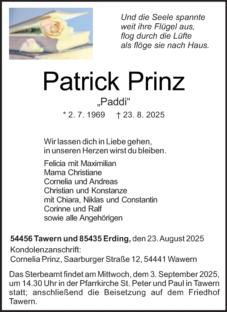  Traueranzeige für Patrick Prinz vom 30.08.2025 aus trierischer_volksfreund