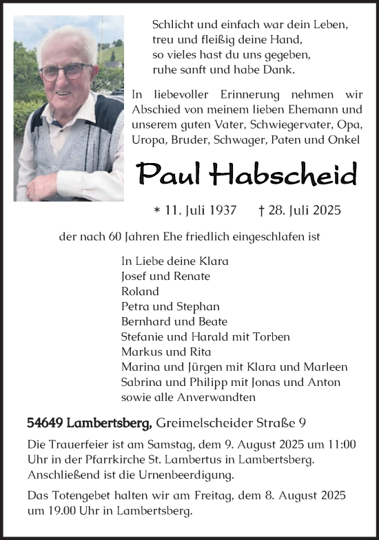 Traueranzeige von Paul Habscheid von trierischer_volksfreund