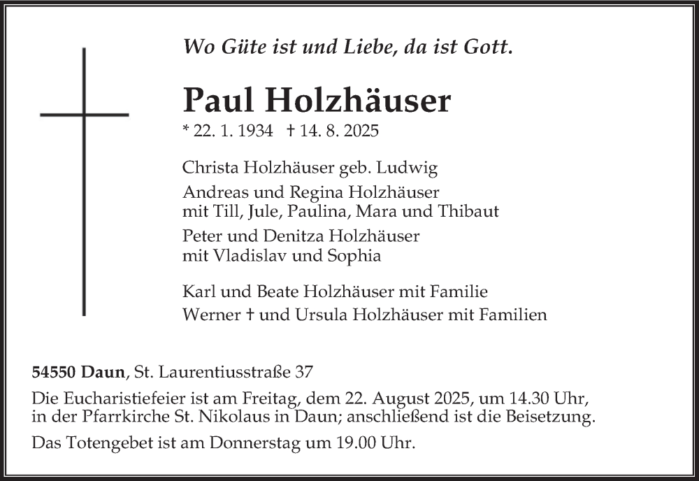  Traueranzeige für Paul Holzhäuser vom 16.08.2025 aus trierischer_volksfreund