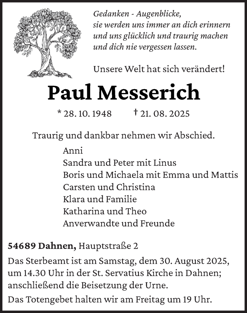  Traueranzeige für Paul Messerich vom 27.08.2025 aus trierischer_volksfreund