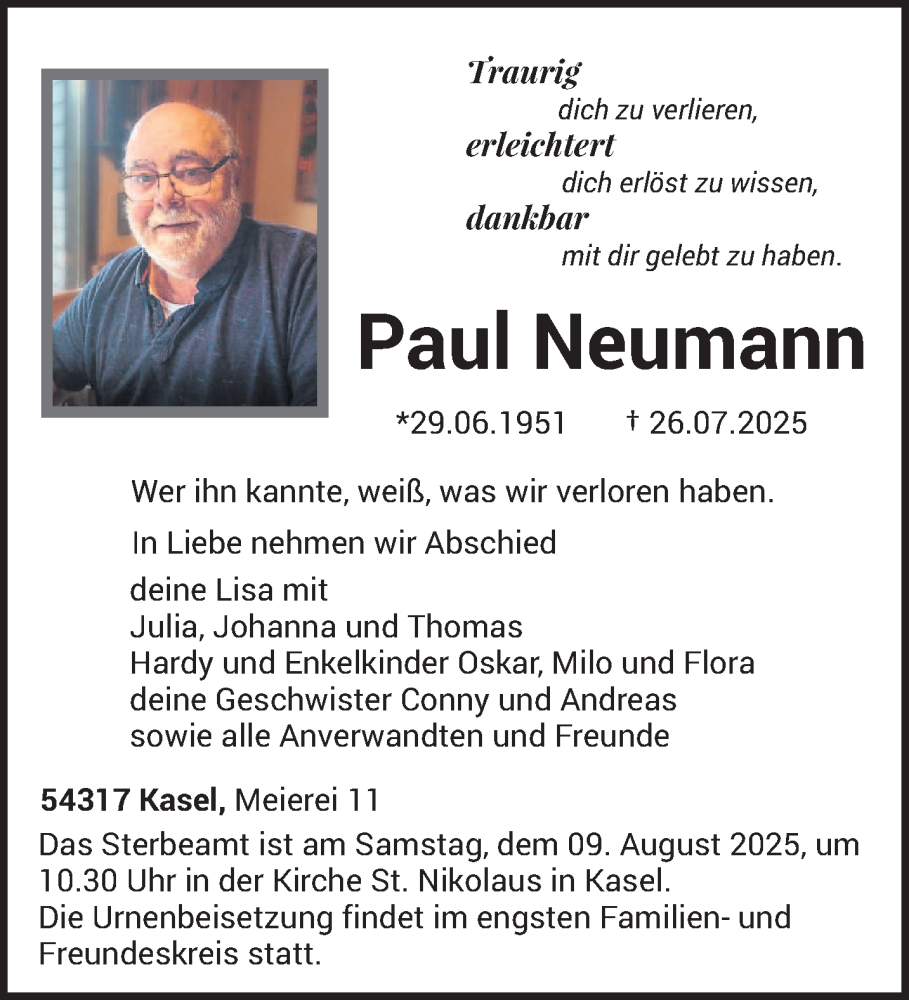  Traueranzeige für Paul Neumann vom 02.08.2025 aus trierischer_volksfreund