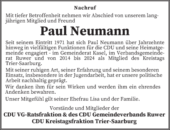 Traueranzeige von Paul Neumann von trierischer_volksfreund