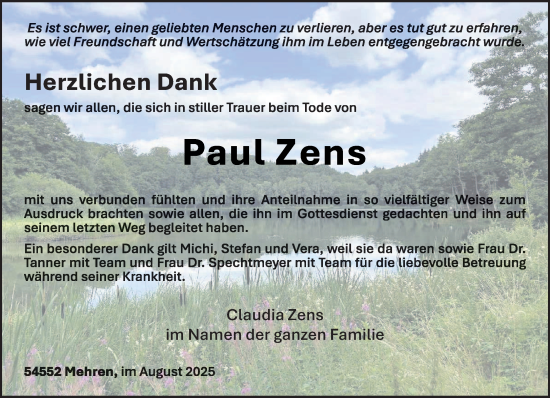 Traueranzeige von Paul Zens von trierischer_volksfreund