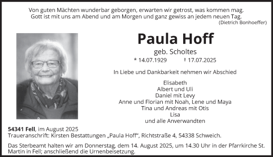 Traueranzeige von Paula Hoff von trierischer_volksfreund