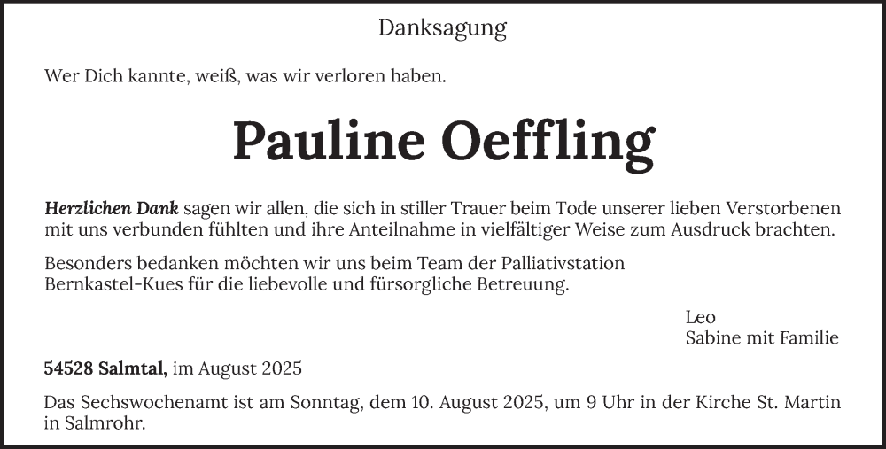  Traueranzeige für Pauline Oeffling vom 06.08.2025 aus trierischer_volksfreund