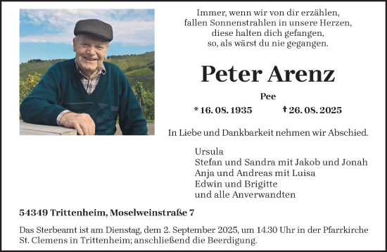 Traueranzeige von Peter Arenz von trierischer_volksfreund