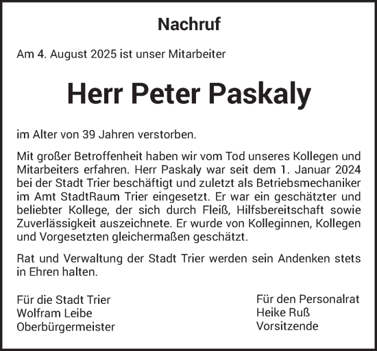 Traueranzeige von Peter Paskaly von trierischer_volksfreund