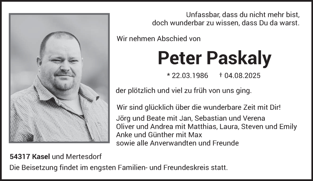  Traueranzeige für Peter Paskaly vom 16.08.2025 aus trierischer_volksfreund