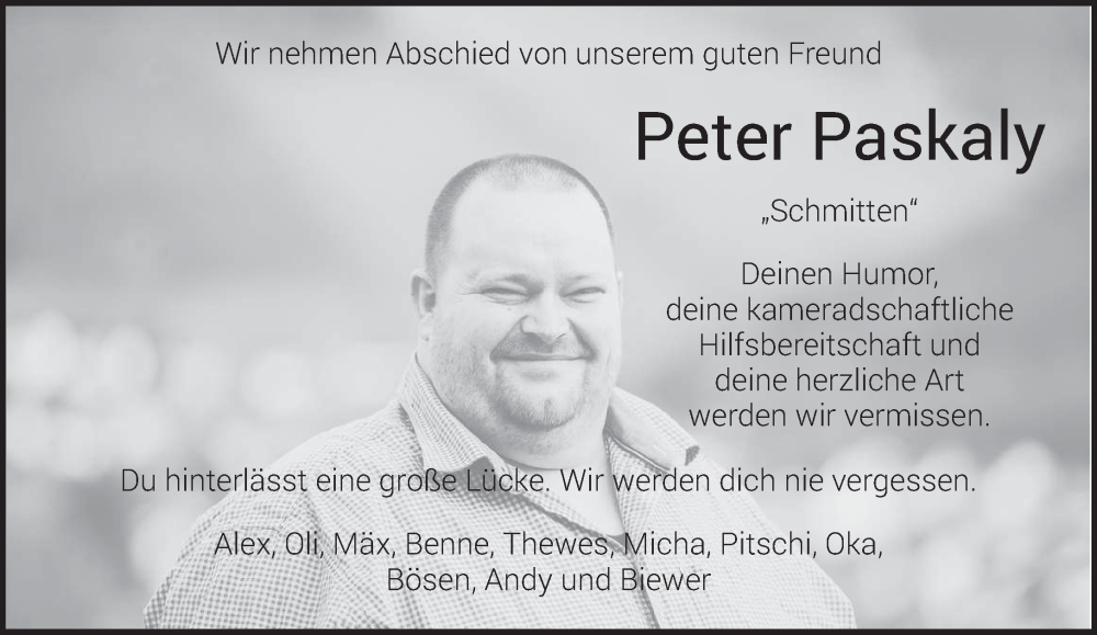 Traueranzeige für Peter Paskaly vom 16.08.2025 aus trierischer_volksfreund
