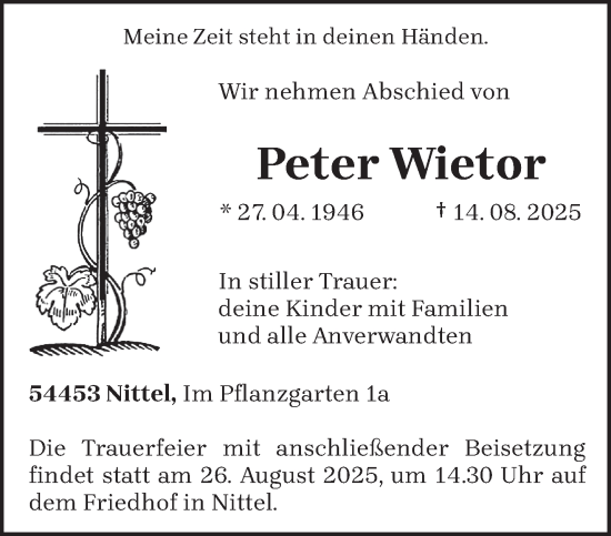 Traueranzeige von Peter Wietor von trierischer_volksfreund