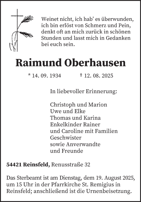 Traueranzeige von Raimund Oberhausen von trierischer_volksfreund