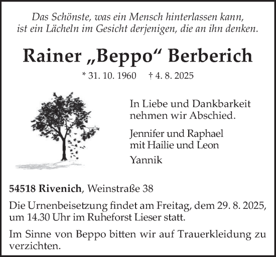 Traueranzeige von Rainer Berberich von trierischer_volksfreund