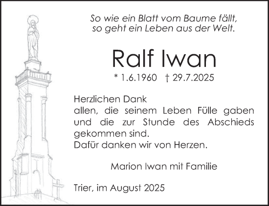 Traueranzeige von Ralf Iwan von trierischer_volksfreund