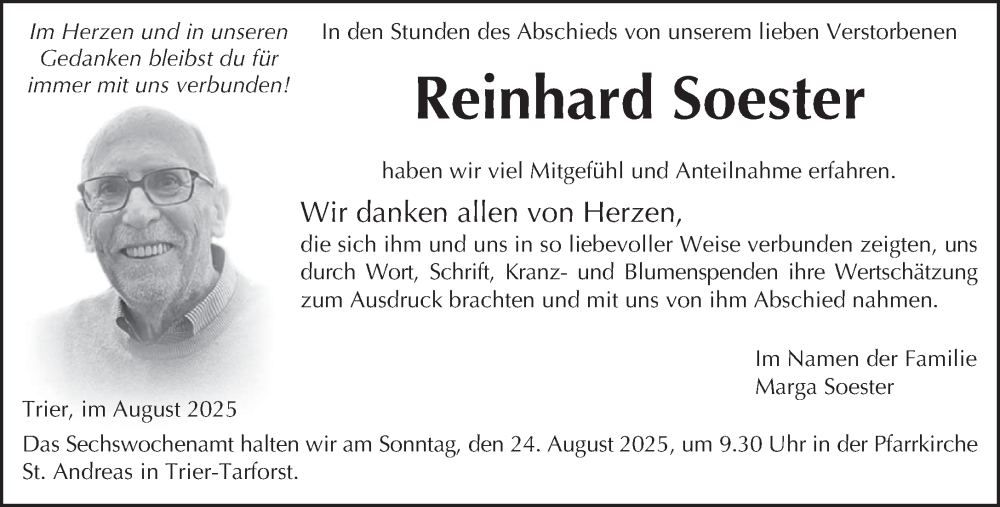  Traueranzeige für Reinhard Soester vom 16.08.2025 aus trierischer_volksfreund