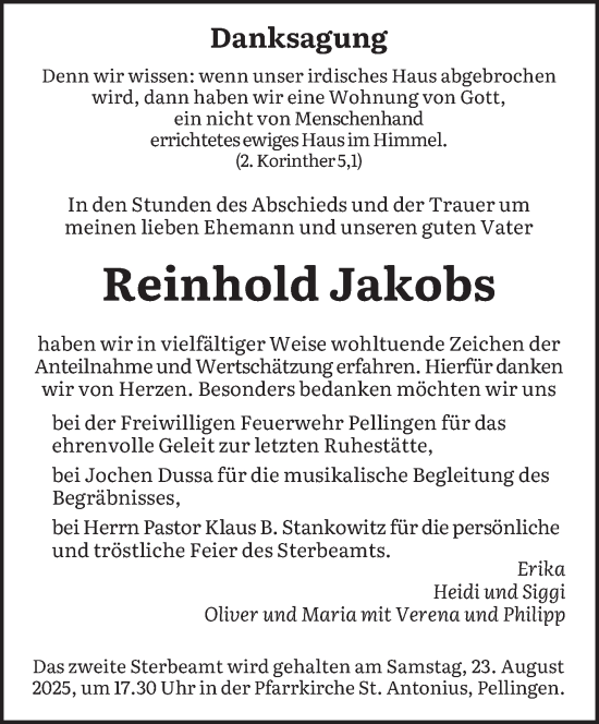 Traueranzeige von Reinhold Jakobs von trierischer_volksfreund