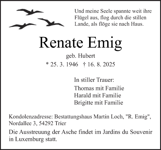 Traueranzeige von Renate Emig von trierischer_volksfreund