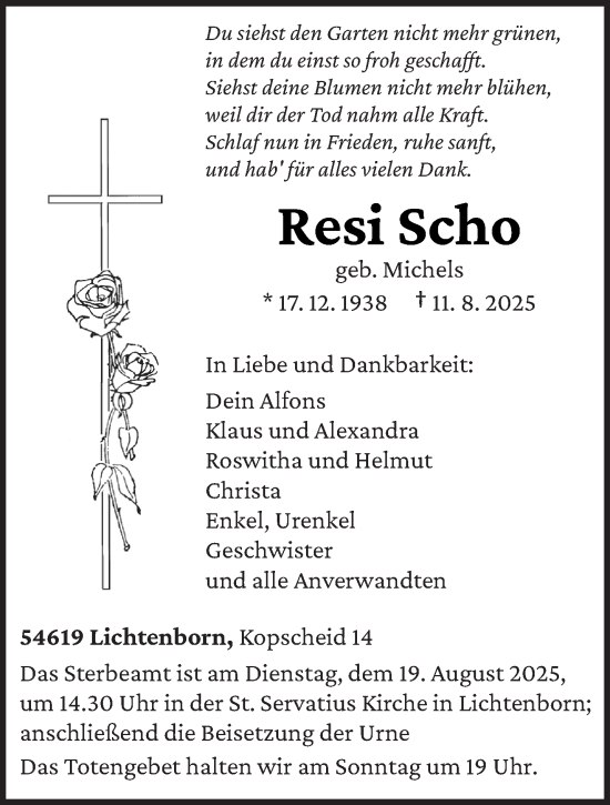 Traueranzeige von Resi Scho von trierischer_volksfreund