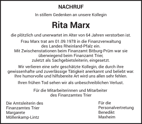 Traueranzeige von Rita Marx von trierischer_volksfreund