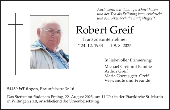 Traueranzeige von Robert Greif von trierischer_volksfreund