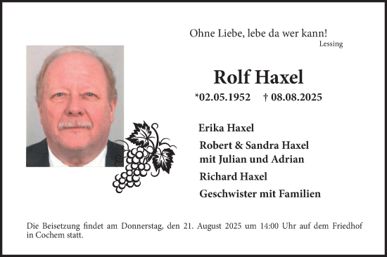 Traueranzeige von Rolf Haxel von trierischer_volksfreund