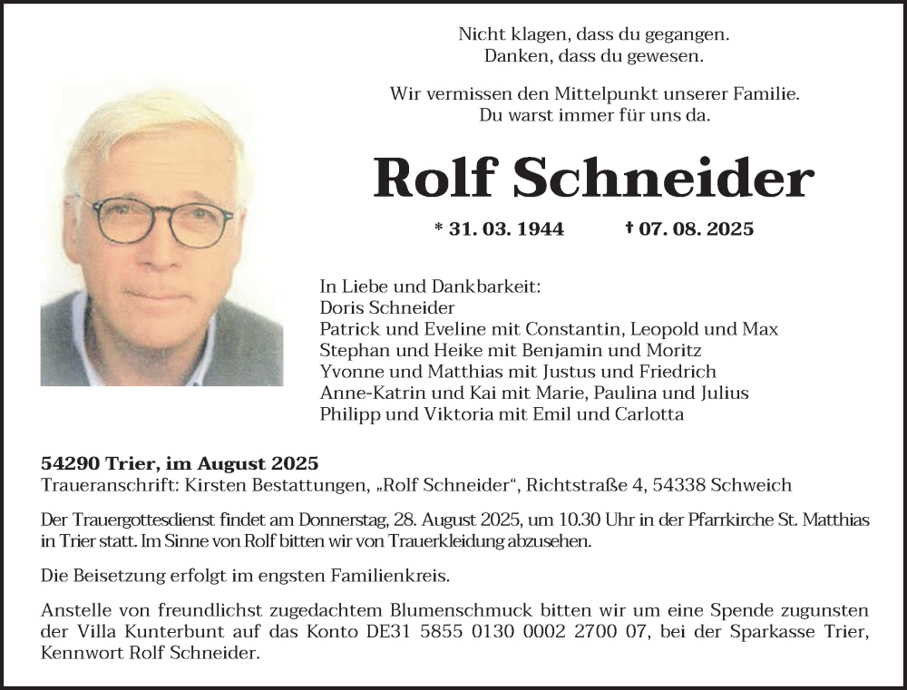  Traueranzeige für Rolf Schneider vom 16.08.2025 aus trierischer_volksfreund