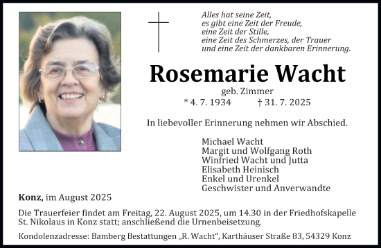 Traueranzeige von Rosemarie Wacht von trierischer_volksfreund