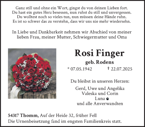 Traueranzeige von Rosi Finger von trierischer_volksfreund