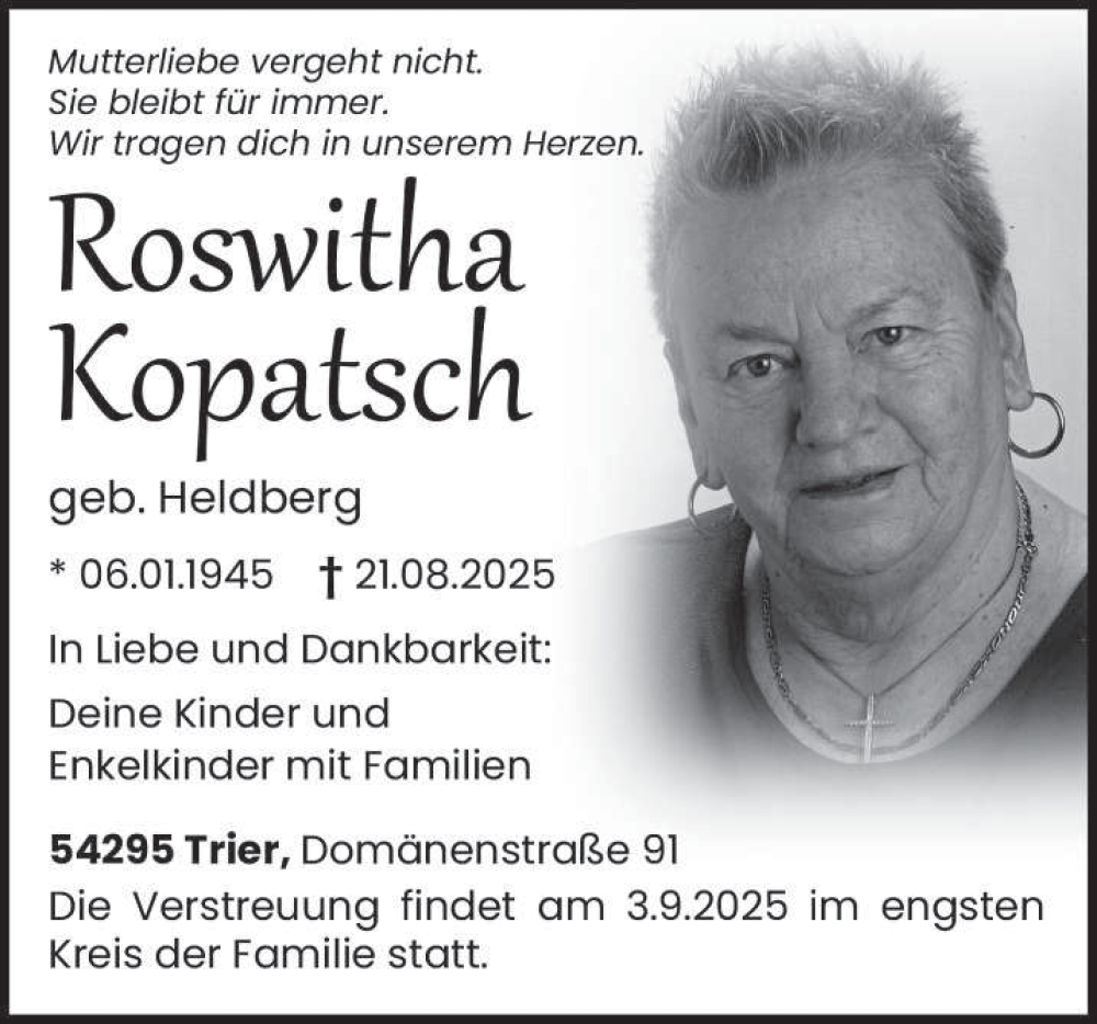  Traueranzeige für Roswitha Kopatsch vom 30.08.2025 aus trierischer_volksfreund