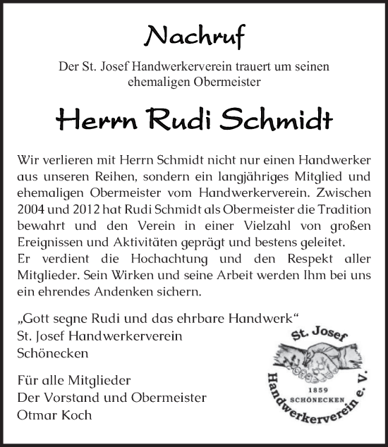 Traueranzeige von Rudi Schmidt von trierischer_volksfreund