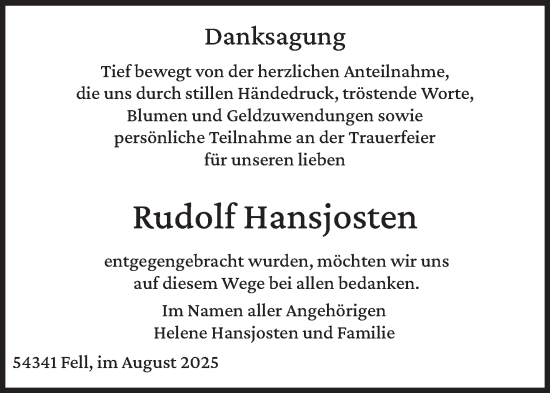 Traueranzeige von Rudolf Hansjosten von trierischer_volksfreund