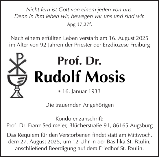 Traueranzeige von Rudolf Mosis von trierischer_volksfreund