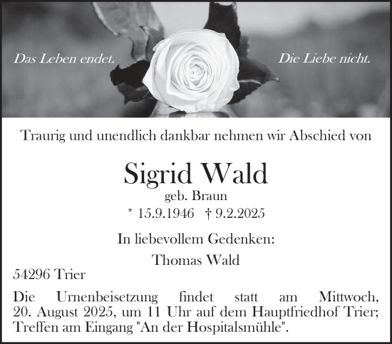 Traueranzeige von Sigrid Wald von trierischer_volksfreund