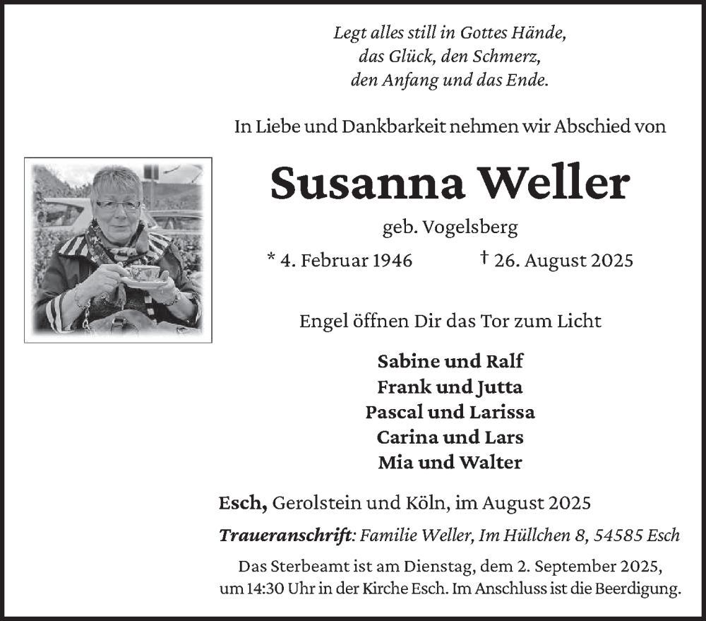  Traueranzeige für Susanna Weller vom 30.08.2025 aus trierischer_volksfreund