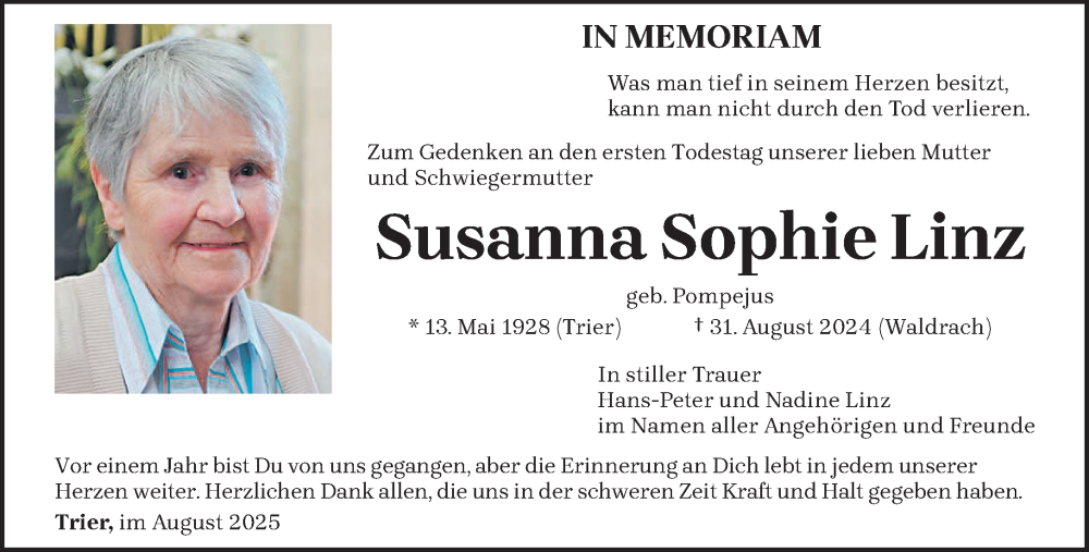  Traueranzeige für Susanna Sophie Linz vom 30.08.2025 aus trierischer_volksfreund