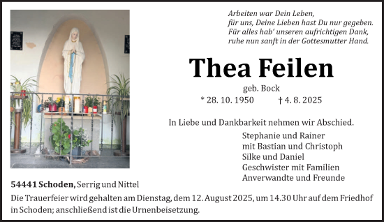 Traueranzeige von Thea Feilen von trierischer_volksfreund