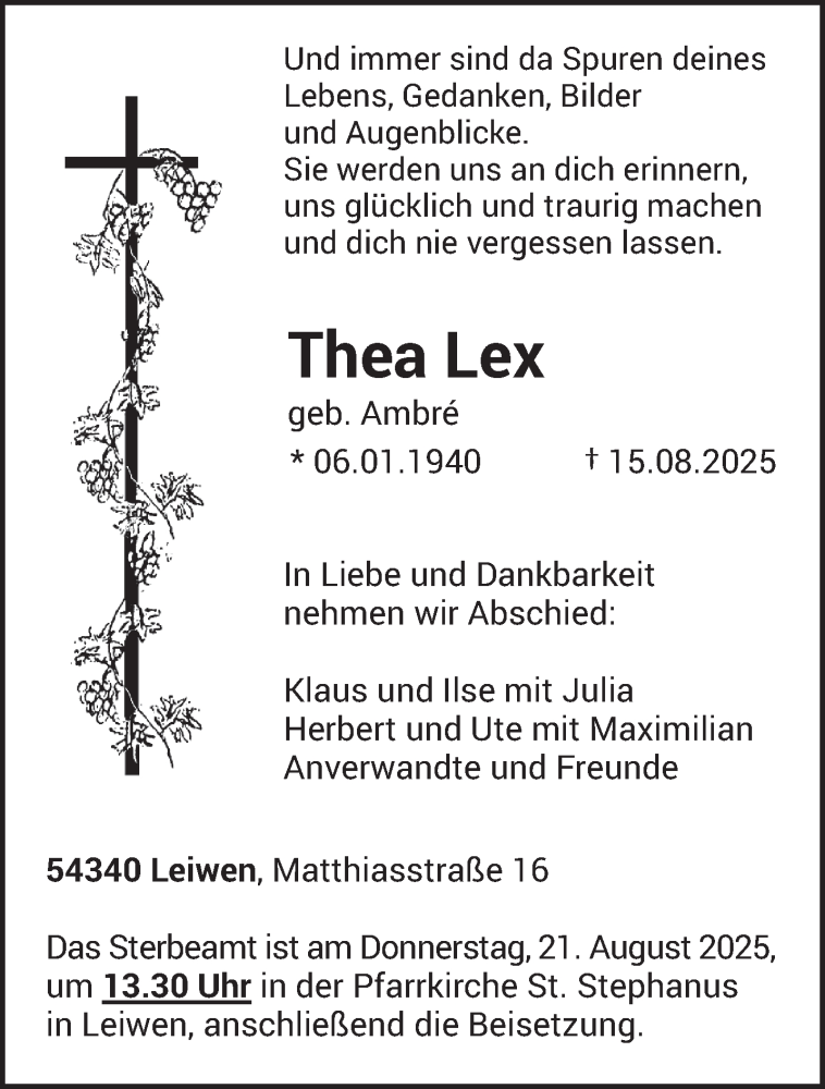  Traueranzeige für Thea Lex vom 19.08.2025 aus trierischer_volksfreund