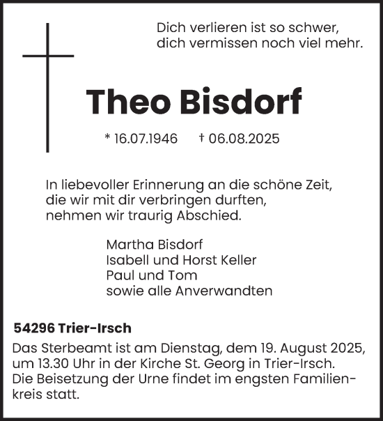 Traueranzeige von Theo Bisdorf von trierischer_volksfreund