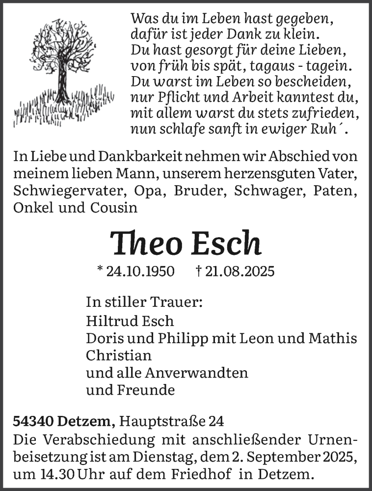  Traueranzeige für Theo Esch vom 30.08.2025 aus trierischer_volksfreund