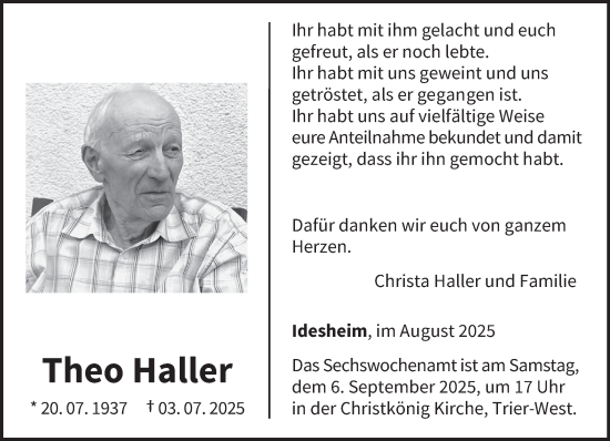 Traueranzeige von Theo Haller von trierischer_volksfreund
