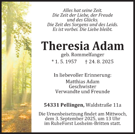 Traueranzeige von Theresia Adam von trierischer_volksfreund