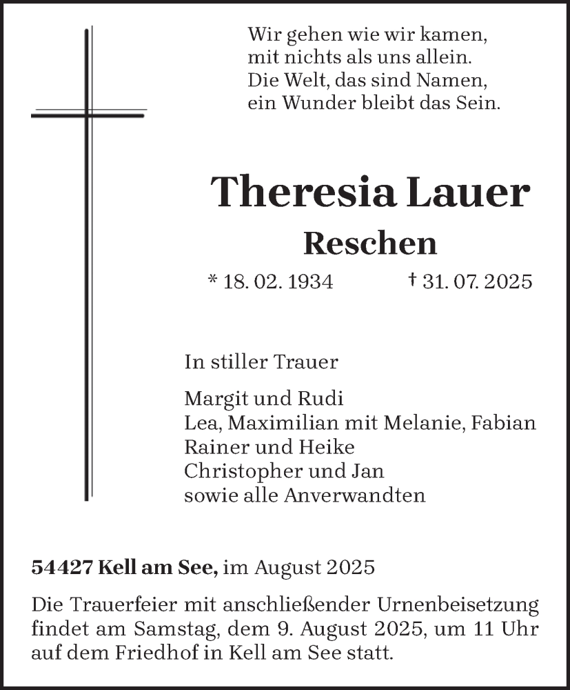 Traueranzeige für Theresia Lauer Reschen vom 06.08.2025 aus trierischer_volksfreund