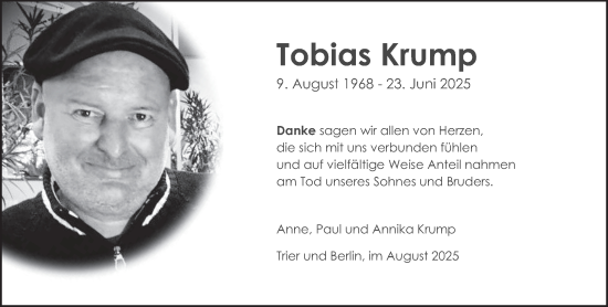 Traueranzeige von Tobias Krump von trierischer_volksfreund