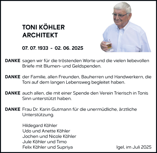 Traueranzeige von Toni Köhler von trierischer_volksfreund