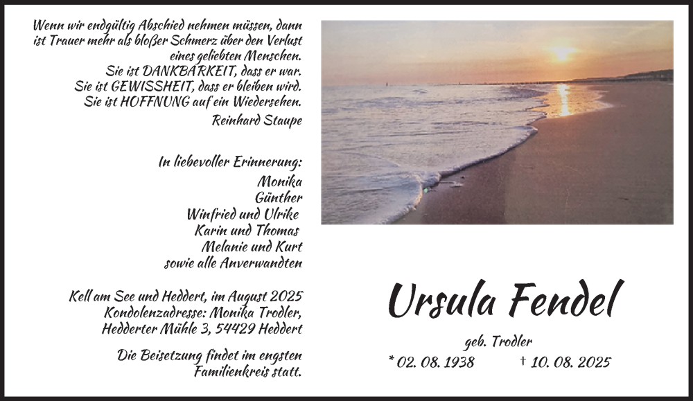  Traueranzeige für Ursula Fendel vom 23.08.2025 aus trierischer_volksfreund