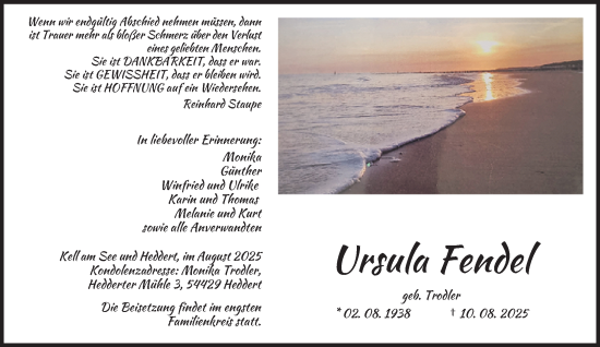 Traueranzeige von Ursula Fendel von trierischer_volksfreund